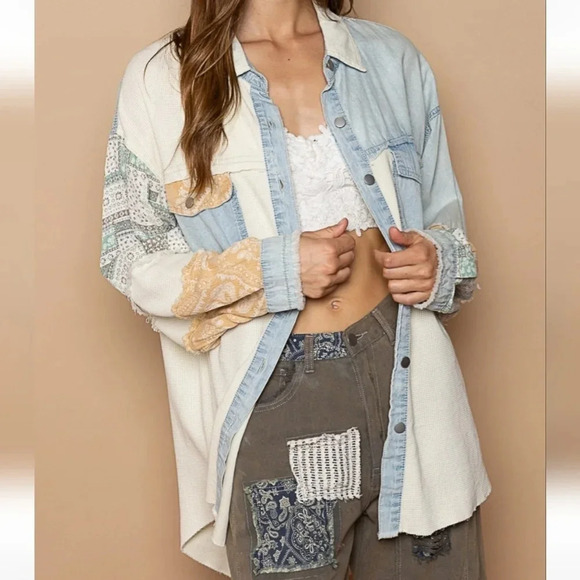 New! POL Oversized Contrast Denim Ivory Fabric Panels Button Down Shacket - Picture 9 of 13
